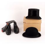 A black silk top hat by Henry Heath Ltd., boxed, a bowler hat by Lock & Co.