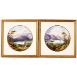 A pair of porcelain circular plaques, each painted with a view of a loch,