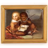 A Continental porcelain plaque of two children reading a book, one with fishing rod, 14cm x 18cm,