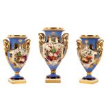 Three English porcelain blue ground oviform vases, painted with fruit and flowers,
