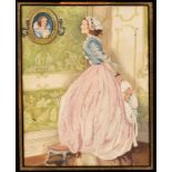 A silk needlework picture depicting a young lady viewing a portrait,