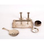 A pair of silver candlesticks, Birmingham 1930, a silver rectangular tray, Chester 1909,