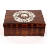 An Anglo Indian calamander work box, the cover inlaid an elephant within a wreath in ivory,