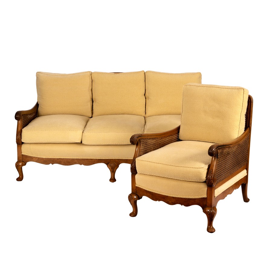 A bergère three-seater maple sofa and matching chair both upholstered in a rich cream flocked - Image 2 of 2