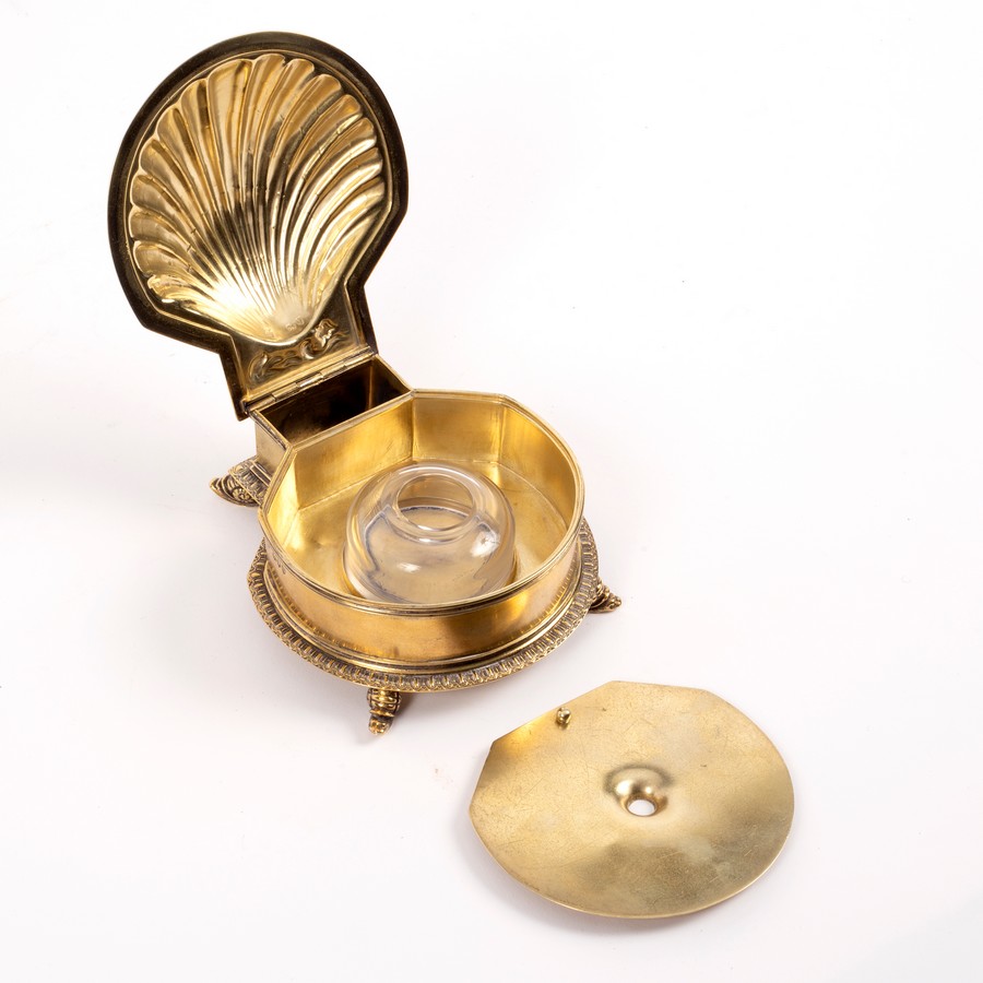 A silver gilt shell-shaped inkstand and pen tray, James Garrard, London 1871,