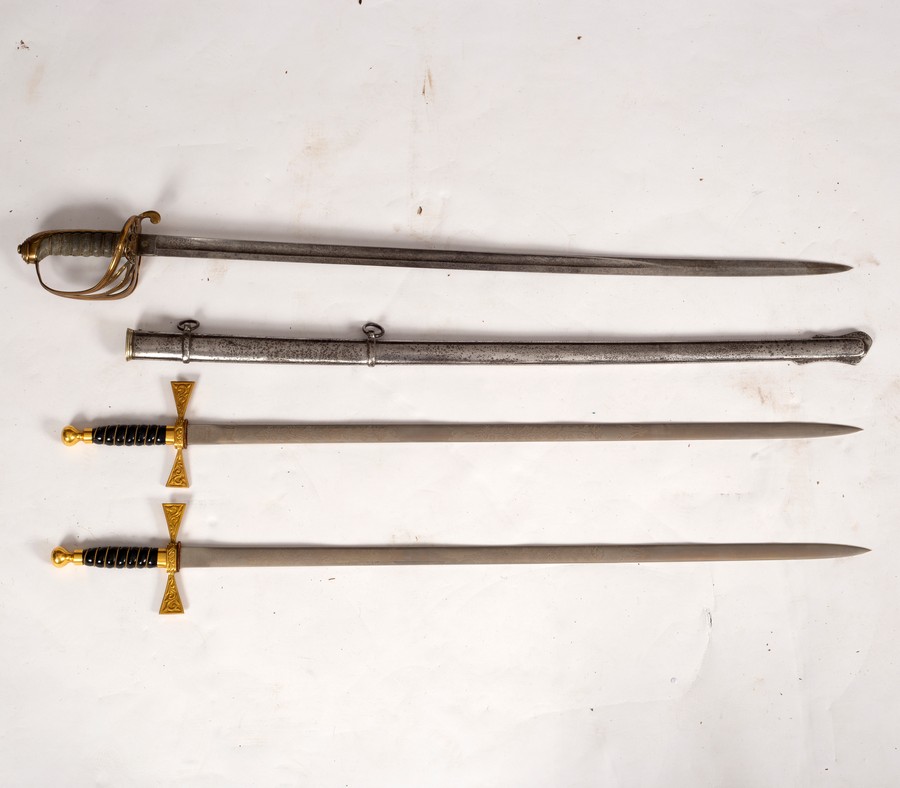 A ceremonial dress sword with pierced brass hilt and shagreen handle, the brass sheath for the same,