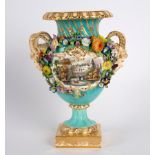 An English Coalbrookdale turquoise ground flower-encrusted vase, circa 1840,