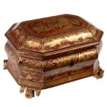 A Chinese export red lacquer tea caddy of canted rectangular shape,