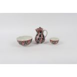 A Worcester Queen Charlotte pattern milk jug and cover, sugar bowl and tea bowl, circa 1760,