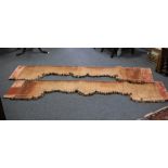 Two pink velvet Buckram pelmets, approximately 250cm wide, centre drop 45cm,