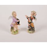 Two Berlin miniature figures of Cupid disguised, one in a frock coat and tricorn hat,