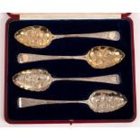 Two pairs of George III silver berry spoons, one pair William Eley & William Fearn, London 1802,