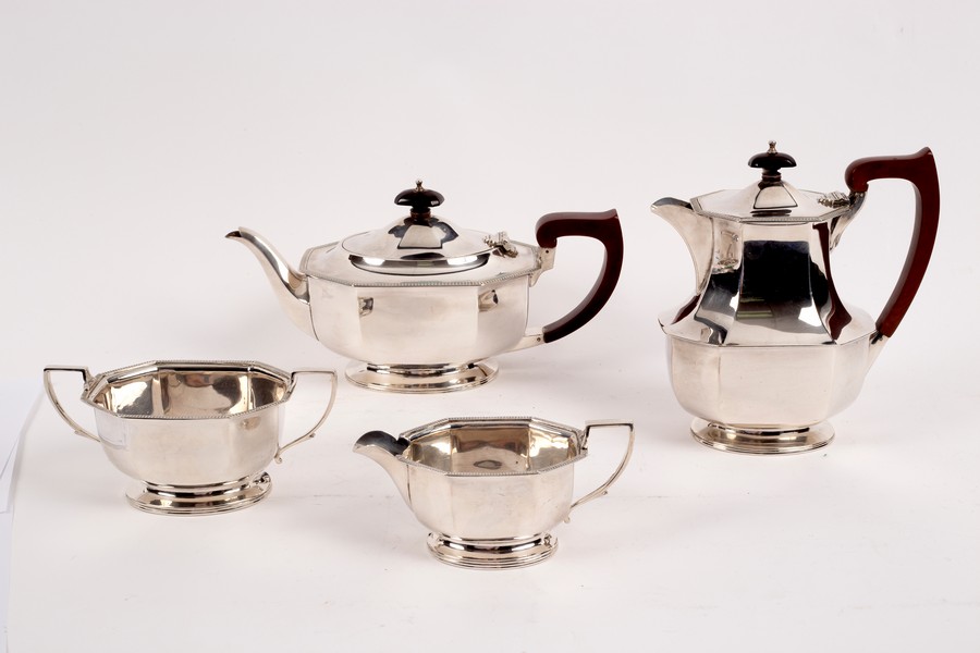 A four-piece silver tea service, Birmingham 1937/1938, of canted rectangular form,