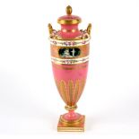 A Mintons pink ground Sèvres style oviform vase and cover, circa 1880, printed globe marks,