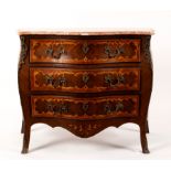 A Louis XVI style serpentine front marble top commode, inlaid floral and other marquetry,