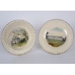 A pair of Belleek pierced plates painted with country houses, black printed marks circa 1900,