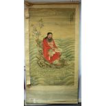 A Qing Chinese ancestral portrait of a kneeling sage wearing a red mandarin jacket, on linen,