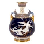 A Royal Worcester blue ground two-handled globular vase, late 19th Century,