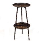 An Edwardian black and gold lacquer two-tier table decorated warriors and figures within garden