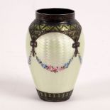 A silver and guilloché enamel baluster vase with pierced lattice work decoration,