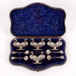 A novelty set of four silver swan-shaped salts, Hilliard & Thomason, Chester 1898,