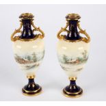 A pair of Coalport vases with continuous winter landscape titled Yuletide by Arthur Bowdler,