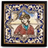 A 19th Century Persian Qajar square tile painted a turbaned figure within a star-shaped cartouche,