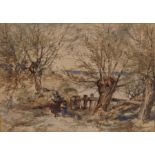 Thomas Creswick (British 1811-1869)/Figures in a Willow Lined Lane/signed/watercolour, 15.