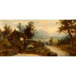 19th Century English School/Cottage by a Bridge in a Rural Landscape/oil on canvas, 28cm x 57.