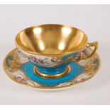 A Minton turquoise ground cabinet cup and saucer dated 1917, signed J Colclough, gilt marks,