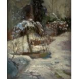 Elizabeth Purkis /New Snow in a Garden/inscribed verso on a Chelsea Art Society label verso/oil on