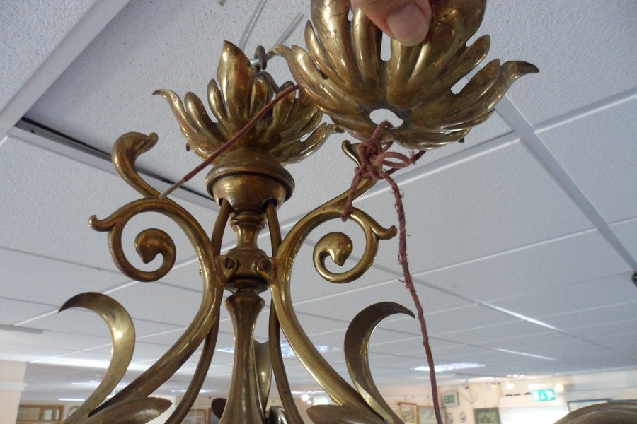 An Art Nouveau style brass pendant light, of foliate design with copper coloured petal shades, - Image 6 of 10