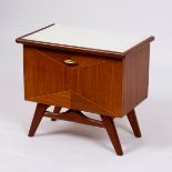 A Mid Century Scandinavian style night stand with geometric veneer to the hinged fall front and