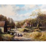 Jan Whitton/Farm with Sheep and Figures/signed with initials/oil on canvas,