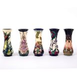 Moorcroft Pottery, five small vases: Sweet Briar, Foxglove, Cluny, Lamia and Macintosh,