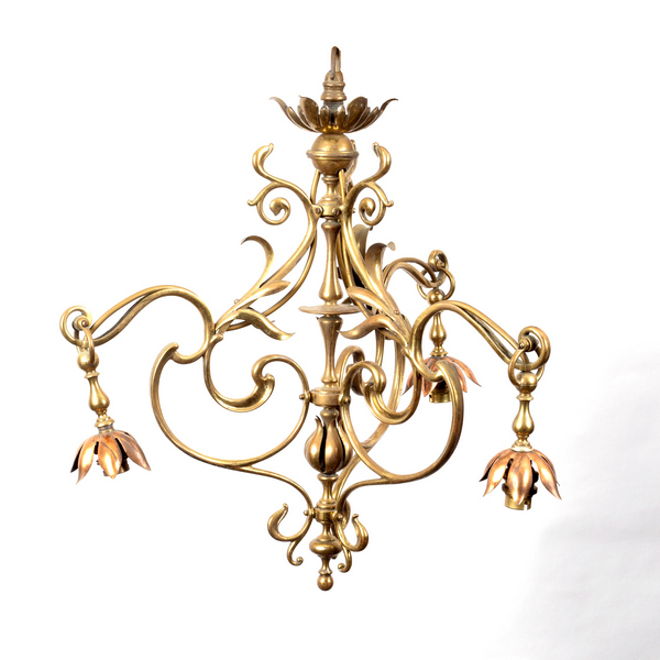 An Art Nouveau style brass pendant light, of foliate design with copper coloured petal shades,