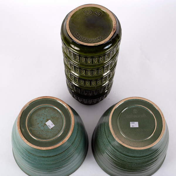 A 1970s German cylindrical vase, olive green glaze, 41cm high and two green ceramic planters, - Image 2 of 2