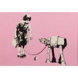 Eelus/What U Looking At?/girl with robot dog with pink background/signed in pencil and with