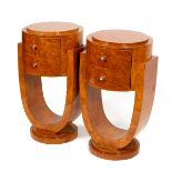 A pair of modern bedside tables, in burrwood veneer and in the Art Deco style,