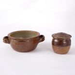 Richard Batterham (born 1936), a stoneware circular lidded pot, speckled brown glazes,