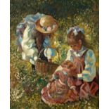 M Hays/Picking Cowslips/two girls in a flower meadow,