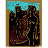Attributed to Billy Childish (British 1959) / Woman and Man in front of a Church / Screenprint with