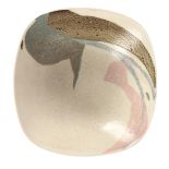 Jack Doherty (born 1948), a soda-fired porcelain square bowl with cream glaze and pastel designs,