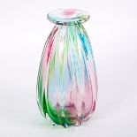 A ribbed studio glass vase in iridescent pink, green and blue tinted clear glass, 23.
