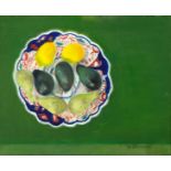 Dame Elizabeth Blackadder (born 1931)/Japanese Plate with Fruit/signed/oil on canvas, 44.5cm x 54.