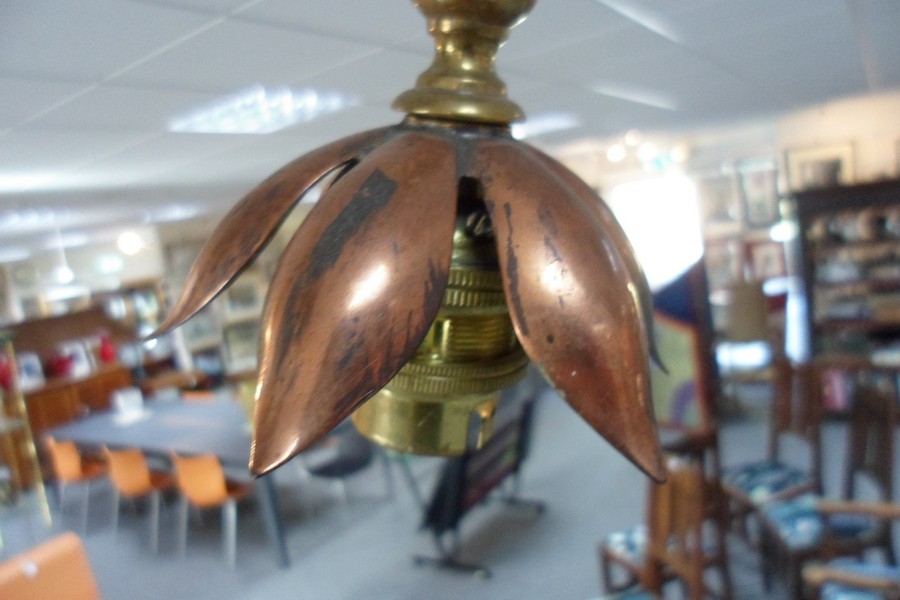 An Art Nouveau style brass pendant light, of foliate design with copper coloured petal shades, - Image 3 of 10