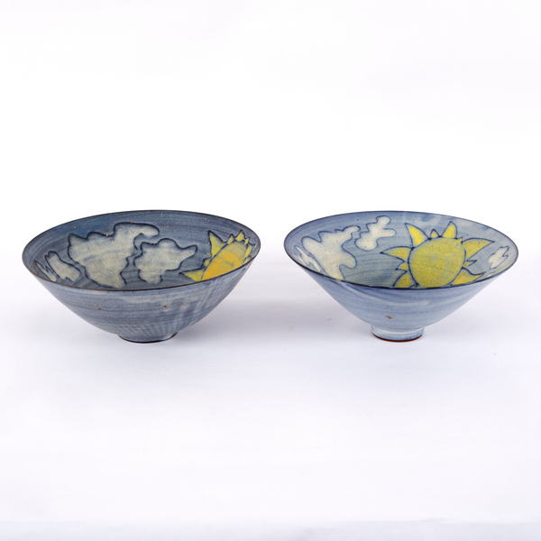 Tessa Fuchs (1936-2012), a pair of earthenware bowls, each of conical form, blue glaze exterior, - Image 2 of 5