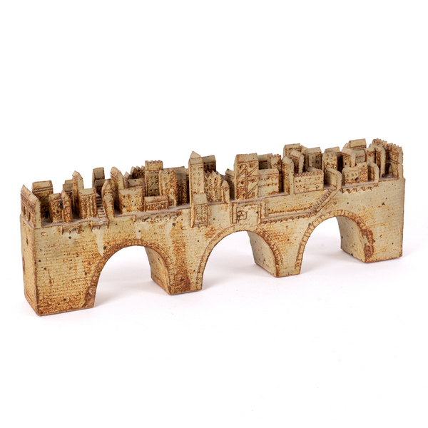 Bryan Newman (1935-2019) for Aller Pottery, a stoneware sculpture of a town on a bridge,