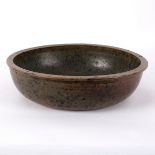 A Studio Pottery large shallow bowl with speckled green and lustre glaze, indistinct mark,