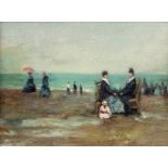 Late 19th Century French School/Figures Seated and Walking on a Beach/oil on canvas, 19cm x 25.